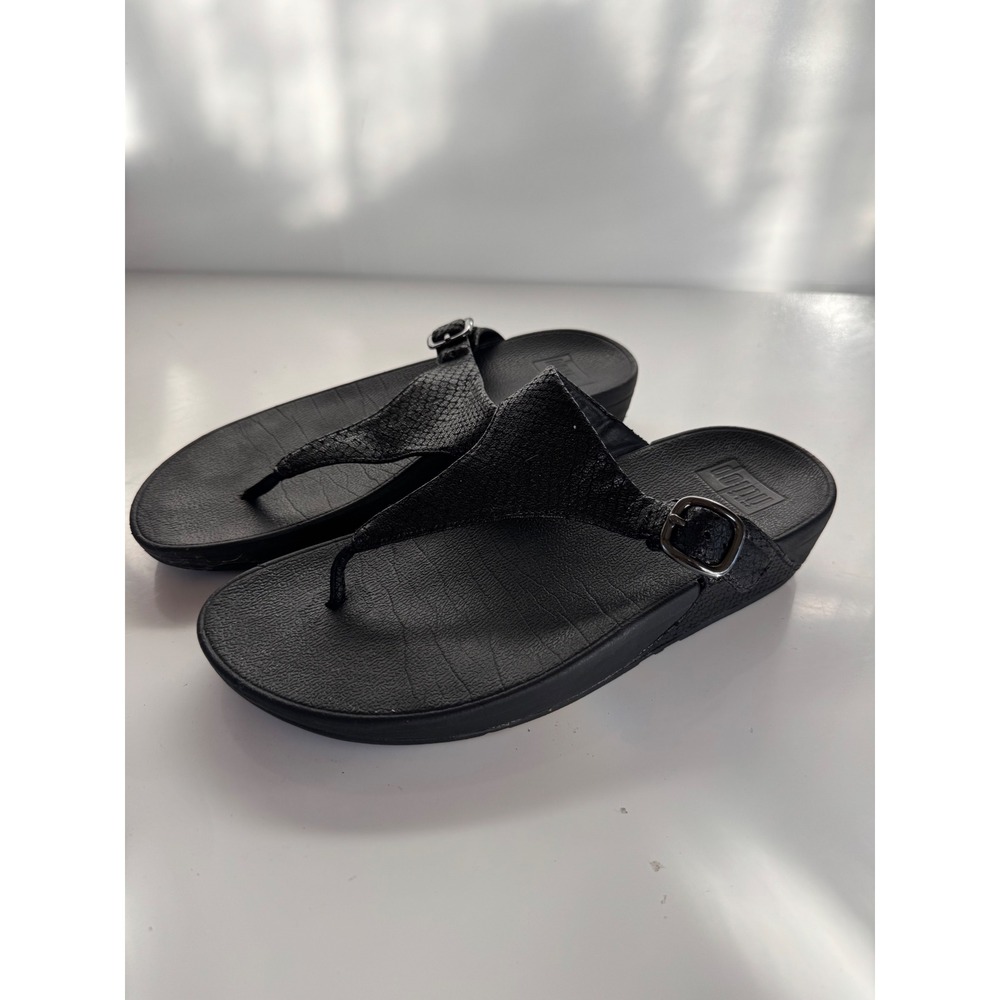 FitFlop Flare Black Snake Embossed Leather Thong Sandals Microwobbleboard US 8